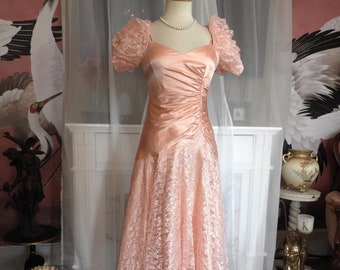 Vtg 1980's Peach Sateen Lace Waterfall Dress Puffy Sleeve Mullet Ruched  sz S