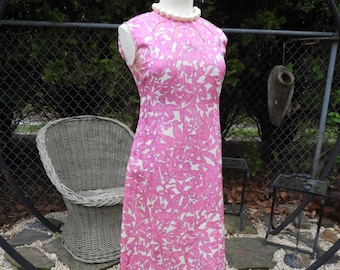 Vtg 1960's White & Pink Sheath Dress|Vtg Retro Silk Sleeveless Dress|Vtg Mod Homemade Floral Pink Dress sz XS