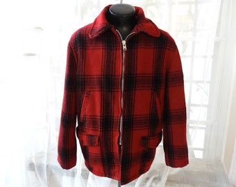 Vintage 1950s JCPenney Wool Hunting Coat | Red Buffalo Plaid Quilted Jacket sz M/L