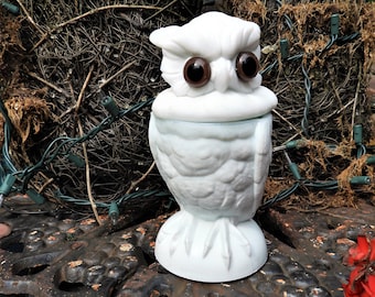 Vtg Hedwig Glass Owl Container, Milk Glass Owl, White Owl Container H 7&quot; x W 3.25&quot; x D 3.25&quot;