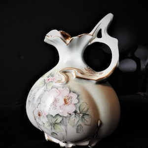 Vtg Hand Painted Pitcher, 1930's  Floral Pink Cabbage Rose Ewer, Porcelain Handled Pitcher H 8" x W 6.5" x D 4.25"