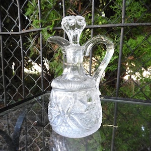Vtg Clear Crystal Pressed Cruet|Vtg Glass Oil & Vinegar Cruet| Decorative Glass Jar H 6.6&quot;