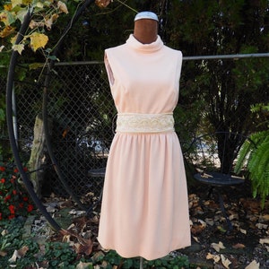 Vtg 1960&#39;s Lt Pink Wool Knit Sleeveless Rhinestone Dress|Retro Pink Rhinestone Belted Dress|Vtg Pink Preppy Knit Formal Dress sz S