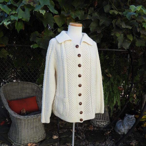 Vtg Ladies Retro White Fisherman's Sweater|Vtg Unisex Off-White Hand Knit Fisherman's Cardigan|Vtg Boho Cable Knit Wool Sweater sz M/L