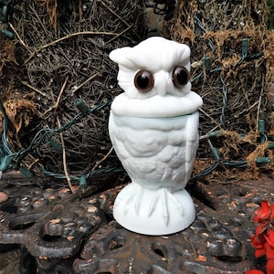 Vtg Hedwig Glass Owl Container, Milk Glass Owl, White Owl Container H 7&quot; x W 3.25&quot; x D 3.25&quot;