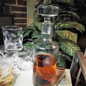 Vtg Liquor Decanter, Clear Crystal Decanter, Floral Etched Crystal Bottle H 12&quot; x 3.75&quot;