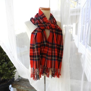 Vtg Red Plaid Tartan Long Scarf|Vtg Red Black Plaid Cashmere Scarf|Vtg Scottish Red Plaid Unisex Fringed Scarf L 70&quot;xW 12&quot;