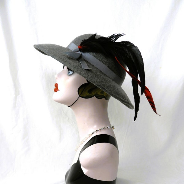 Vtg Ladies Grey Wool 1940's Style Cartwheel Hat|Vtg 1970's Grey Dress Hat with Plumes|Vtg George Bollman Grey Feather Hat sz C 21.25