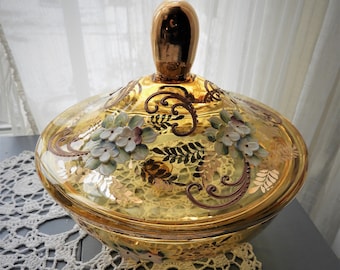 Hand Painted Candy Dish, Hand Blown Amber Footed Lidded Candy Dish, Floral Violet Gold Motif Dish H 6&quot; x D 6.5&quot;