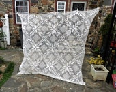 Vtg White Tablecloth, White Crocheted Tablecloth, Filet Work Table Cover 73 quot Square