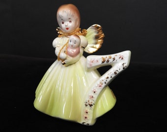 Vtg 7th Birthday Girls Figurine|Vtg Josef Originals White Chartruese Porcelain Angel|1960's Japan Birthday Figurine H 4"