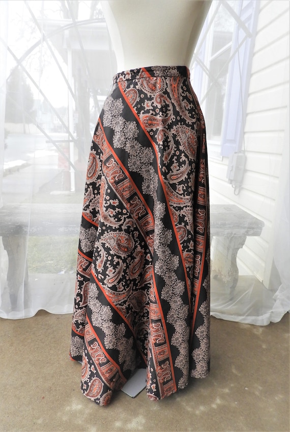 Vtg 1970's Black Paisley Floor Length Skirt, Vtg … - image 2