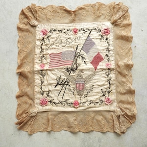 Antique Silk WWI Victory Pillow Cover|WWI French Embroidered Souvenir De France Textile|Ribbon Work Antique Lace European Pillow Cover