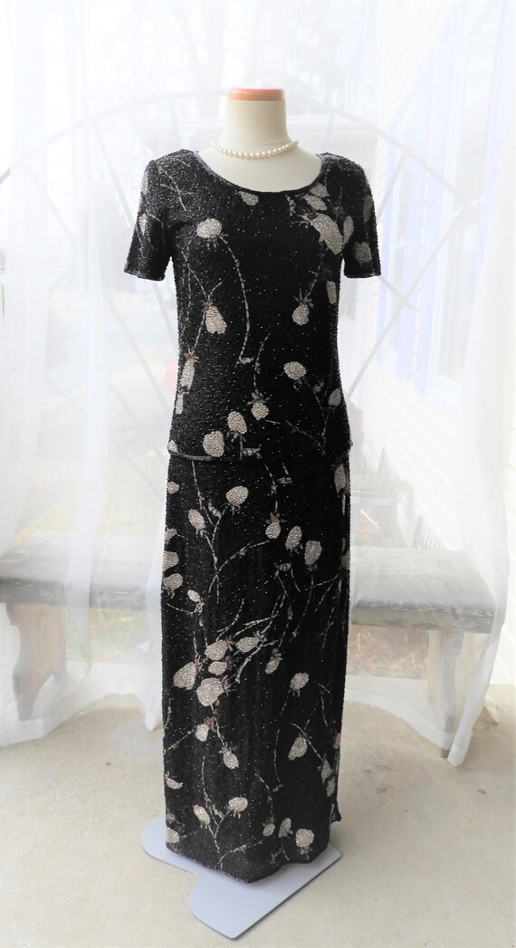 j kara beaded dress J Kara Women's Long 3/4 Sleeve V-Neck Beaded Faux Wrap Dress 16 Blush/Silver