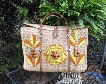 Vtg Retro Raffia Straw Decorated Beach Tote|Vtg 1950's Straw Wildwood NJ Summer Tote Bag|Vtg Straw Island Theme Beach Bag W 21 xH 14 x W 7