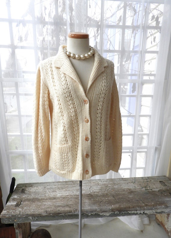 Vtg White Knit Cardigan Sweater|Vtg Ladies Hand K… - image 1