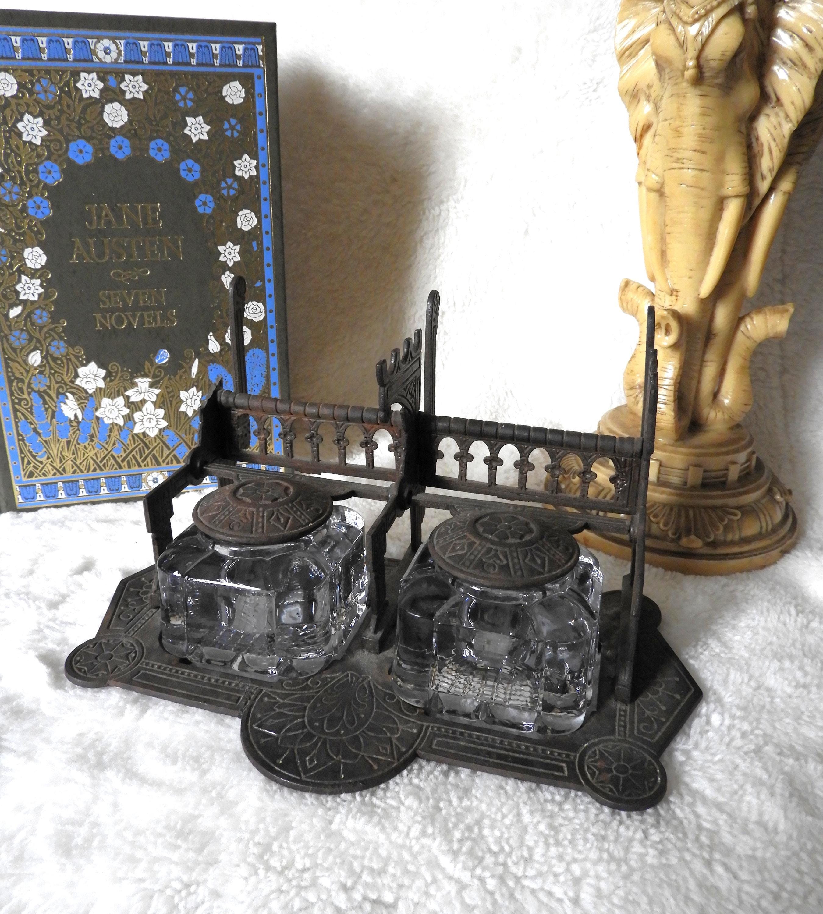 Antique Eastlake Double Inkwell Desk Set Victorian Cast Metal Pat