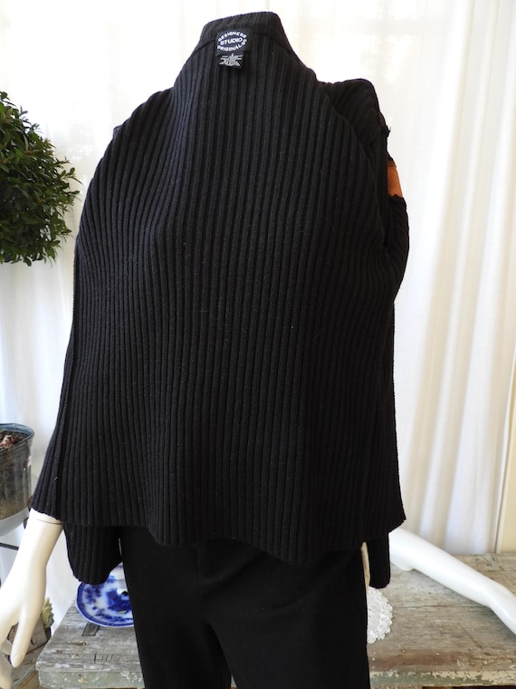 Vtg BOHO Suede Patchwork Knit Jacket Black Browns… - image 8