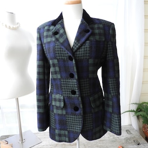 1980&#39;s Blue Green Plaid Blazer, Vtg Ladies Shoulder Pad, Vtg Sanyo Wool Plaid Form Fitting Blazer, Vtg J. McClaughlin Plaid Blazer sz S