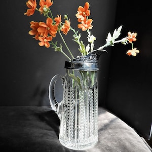 Antique Tall Glass Crystal Silver Repousse Pitcher|Vtg Molded Crystal Clear Pitcher|Vtg Collectible Glass Pitcher H 11" x W 6" x D 3.75"