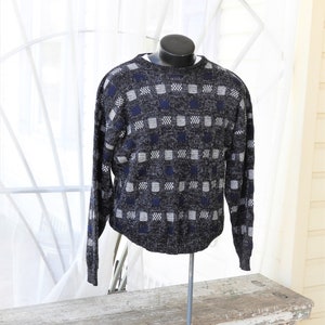 Vtg 1980&#39;s Men&#39;s Blue Acrylic Sweater, Vtg Drop Shoulder Blue Geometric Sweater, Vtg Scandia Navy Blue Sweater USA sz XL