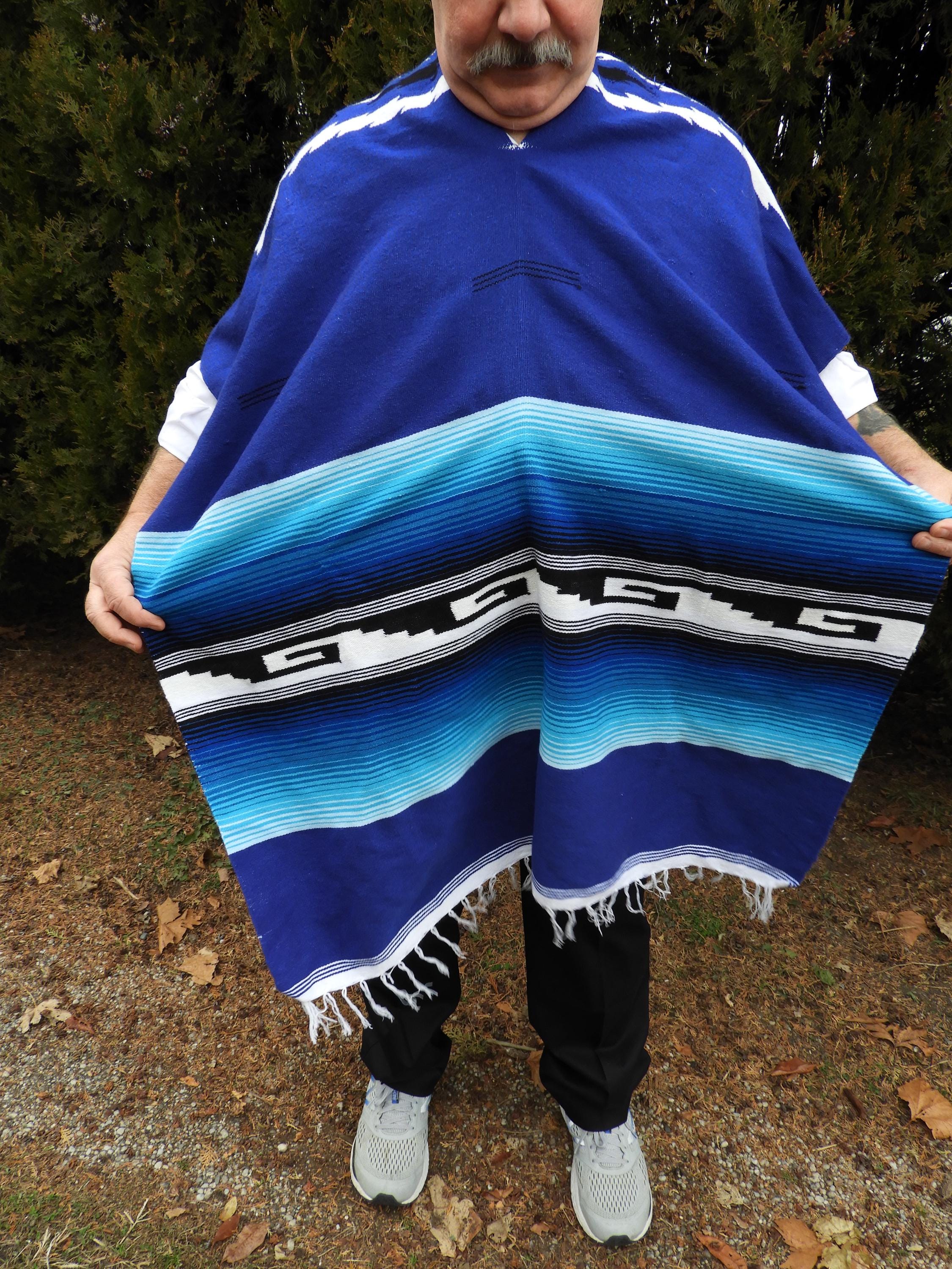 ヴィンテージ ブルー織りポンチョ｜ユニセックス メキシカンセラペ