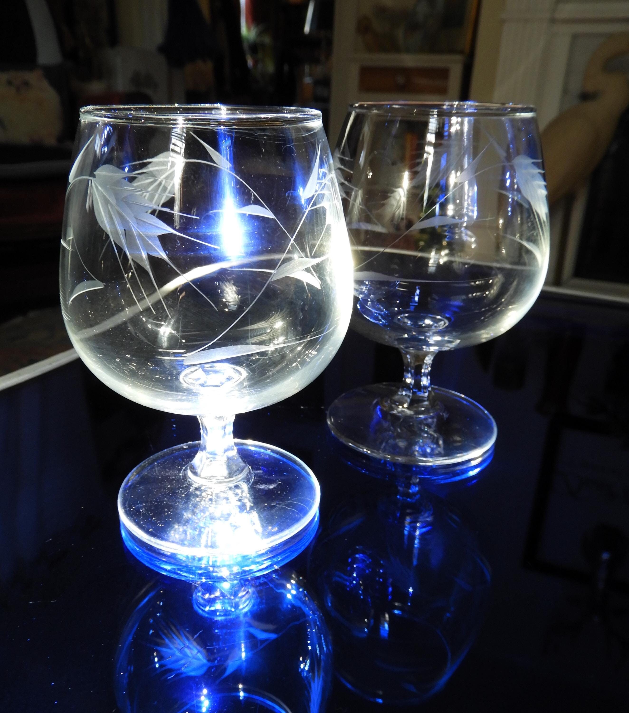 Vtg Etched Small Brandy Snifters|Art Deco Barware Brandy Glasses|Vtg European Barware H 4.25"