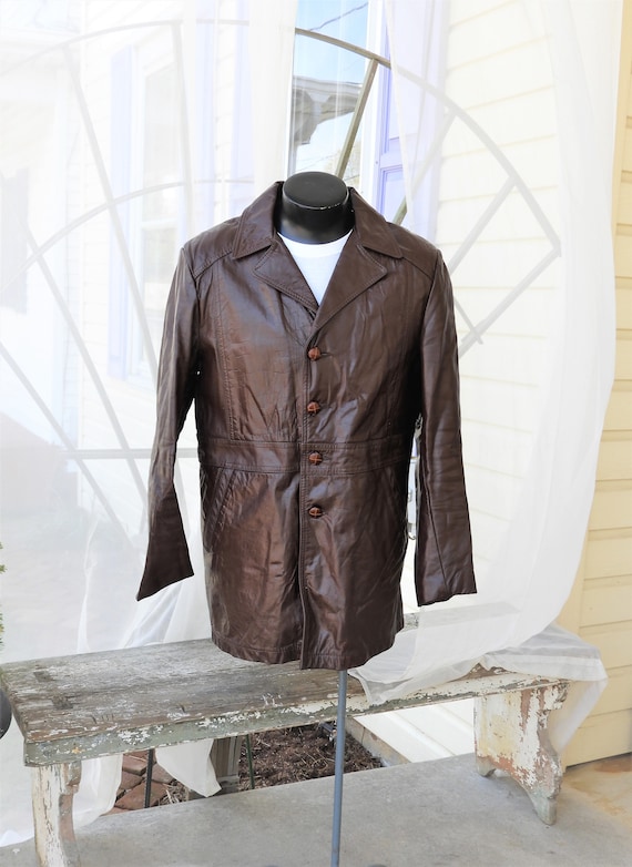 Vtg 1970's Brown Leather Men's Fight Club Trench Jacket Brad Pitt