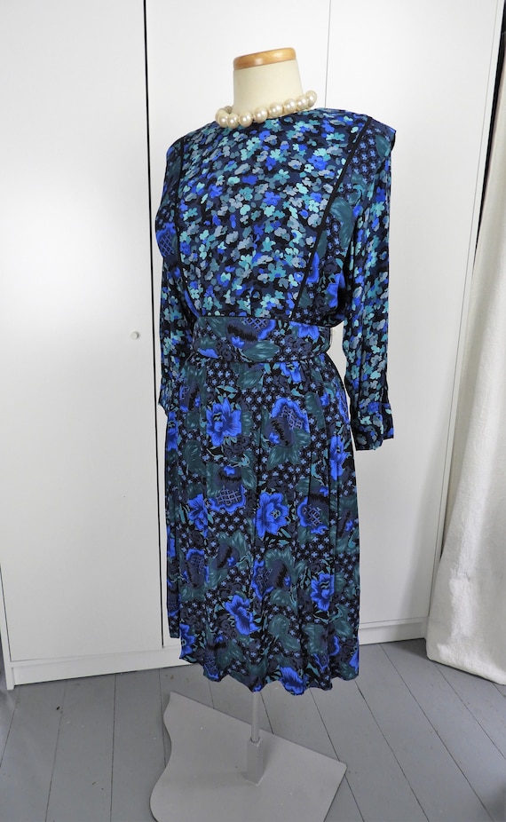 Vtg 1980's Floral Print Blue Rayon Dress, 1980's … - image 1