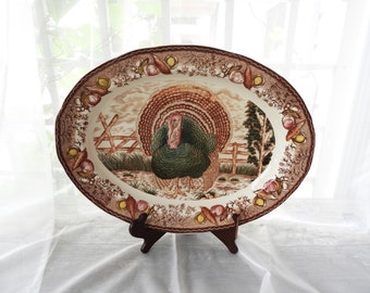 Vtg Large Transferware Turkey Platter|Large Ironstone Welled Turkey Platter|Collectible Brown Thanksgiving Turkey Platter 18"x13.5"