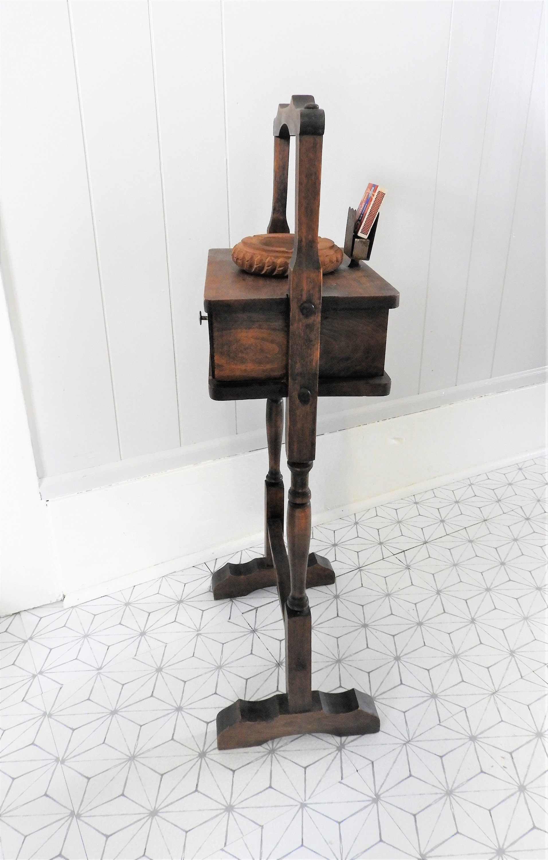 Vtg Wood Portable Smoking Stand Adirondack Wood With Drawer H29