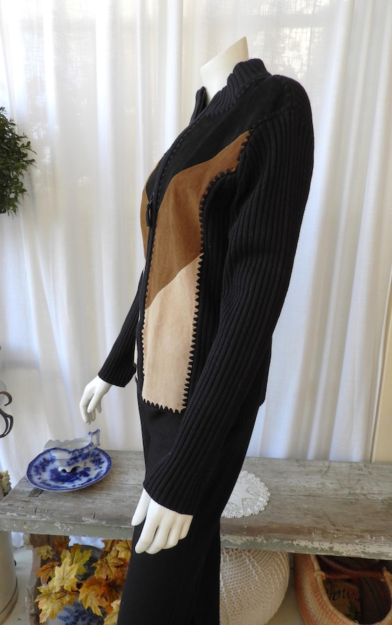 Vtg BOHO Suede Patchwork Knit Jacket Black Browns… - image 3