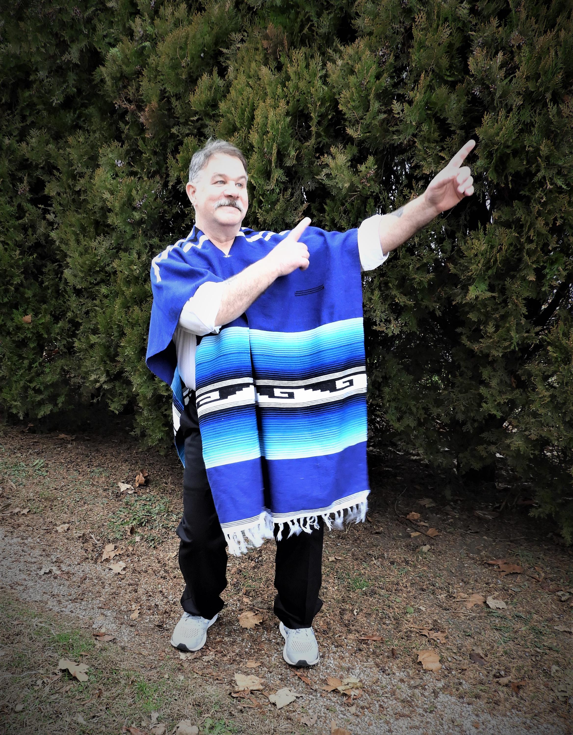 メキシコフリンジポンチョ ヴィンテージ ブルー織りポンチョ｜ユニセックス メキシカンセラペ