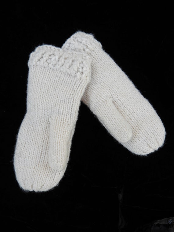 Hand Knit White Orange Mittens|Hand Crocheted Gra… - image 4