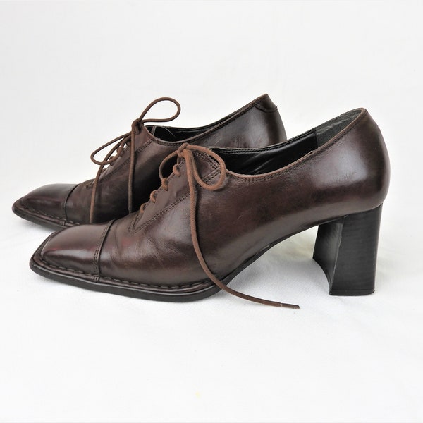 Vtg Brown Leather Heeled Ladies Shoes, Art Deco Style Brown Lace Up Block Heel Shoes, Prialpas Gomma Italian Square Toe Shoes 39/8