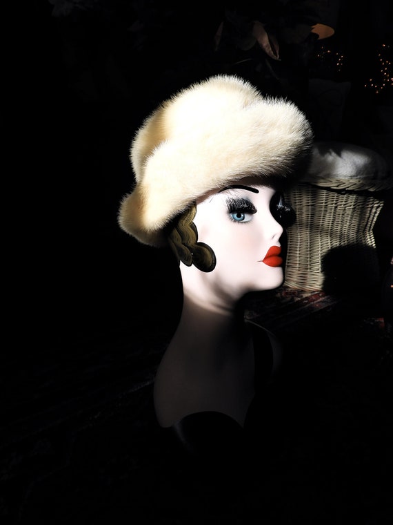 Vtg 1960's Fur Hat, Ladies White Mink Fedora Hat,… - image 5