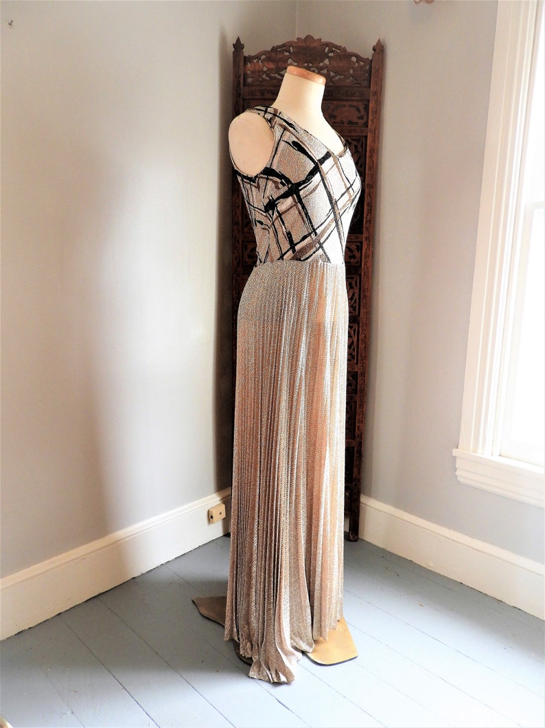 Vtg 1970's Bronze Metallic Gown, Vtg Retro Formal Dress & Jacket, Vtg Leslie Fay Geometric Pleated Gown sz M/L image 7