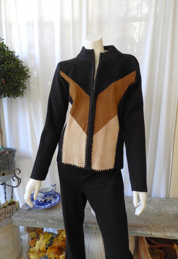 Vtg BOHO Suede Patchwork Knit Jacket Black Browns… - image 2