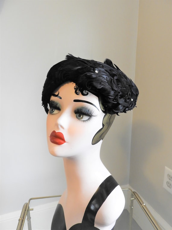 Vtg 1940's Black Feather Hat, Vtg Art Deco Black F