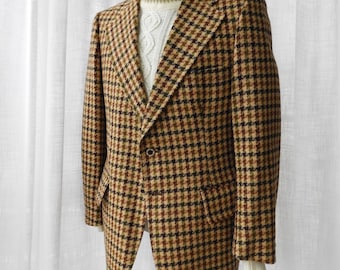 Vtg 70's Men's Wool Houndstooth Blazer Creme Brown Green USA Chest 44"