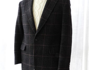 Vtg Men's Black & Grey Shetland Wool Plaid Blazer Jos A Bank sz 42R