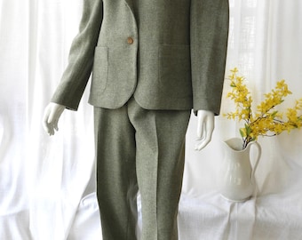 Vtg 1970's Ladies Heather Green Wool Suit Set|Blazer, Slacks, Skirt Prestige of Boston sz M/L