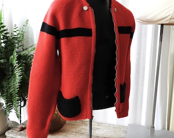 60s German スカジャン Vintage 1960s Jantzen Knit Cardigan Red Black Stripe Zip Front S/M
