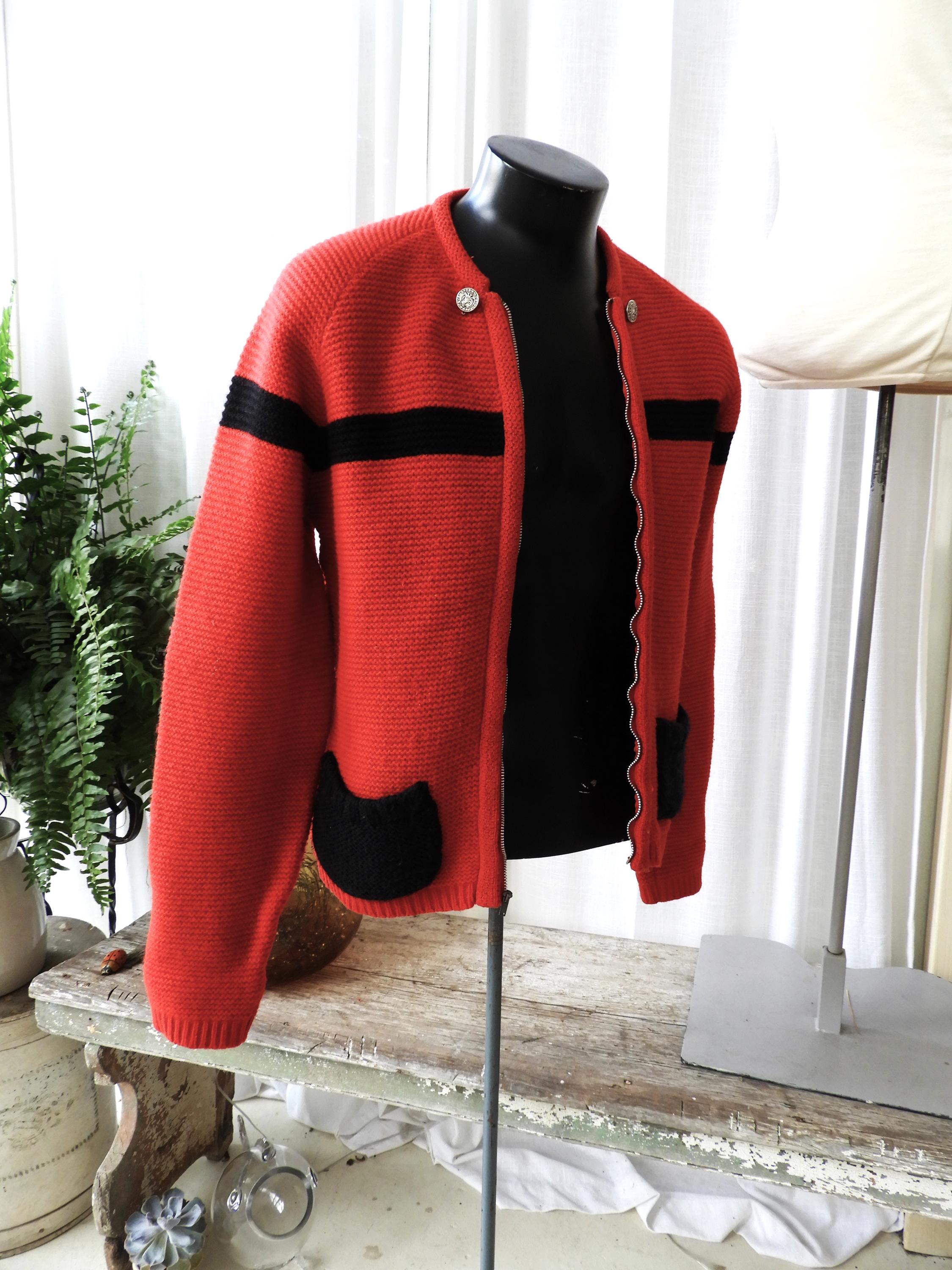 Vintage 1960s Jantzen Knit Cardigan Red Black Stripe Zip Front S/M