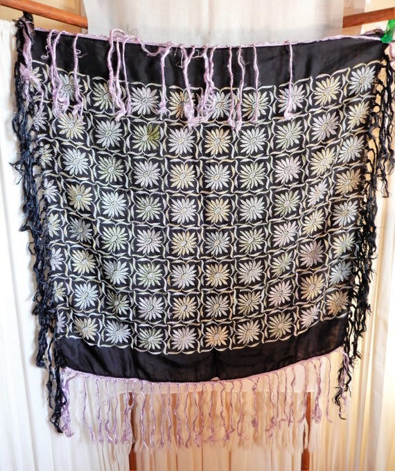 Victorian Black Silk Shawl, Hand Embroidered Anti… - image 6