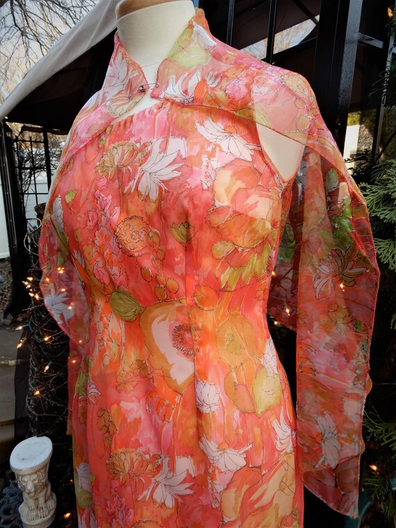 Vtg Orange Grecian Dress, Nylon Scarf Dress, Pink… - image 4