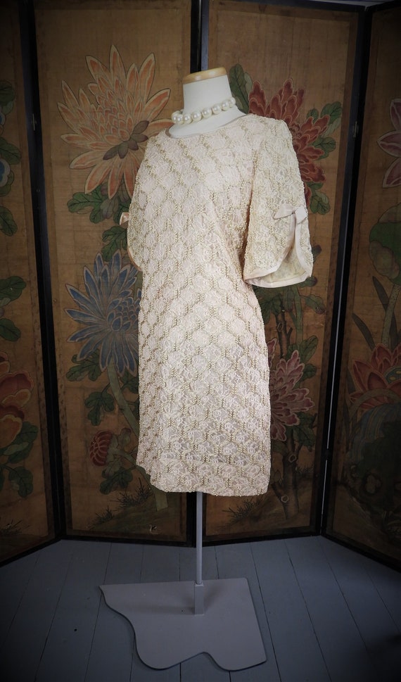 Vtg 1950's Beige Lace Embroidered Dress, Vtg Nude… - image 2