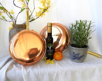 Stock antiguo: 2 sartenes de cobre Tagus de los años 60, fabricadas en Portugal, de 8"/10,5".