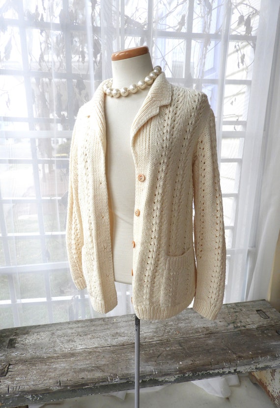 Vtg White Knit Cardigan Sweater|Vtg Ladies Hand K… - image 2