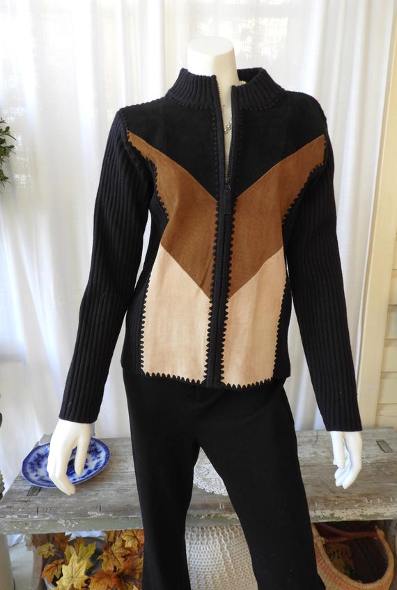 Vtg BOHO Suede Patchwork Knit Jacket Black Browns… - image 1